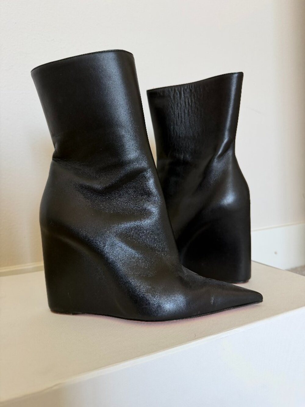 Amina Muaddi Pernille Wedge Bootie, Black Leather, Size 36.5, comes with box